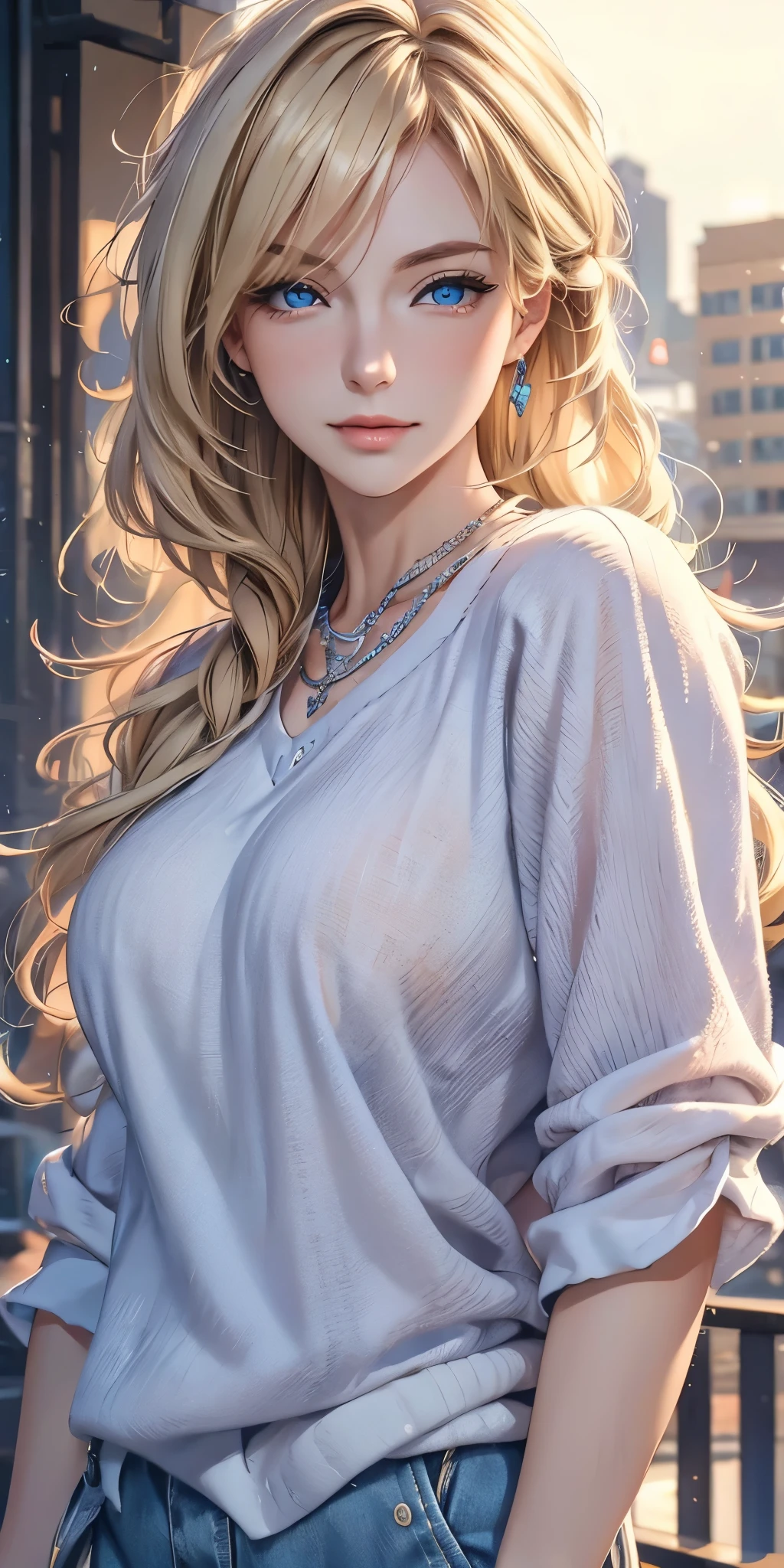 portrait, actual, blue eyes, Blonde hair, Large Breasts, 4K resolution, High quality CG, Beautiful CG, Soft Light, fashion brand image, Fashionable and casual,