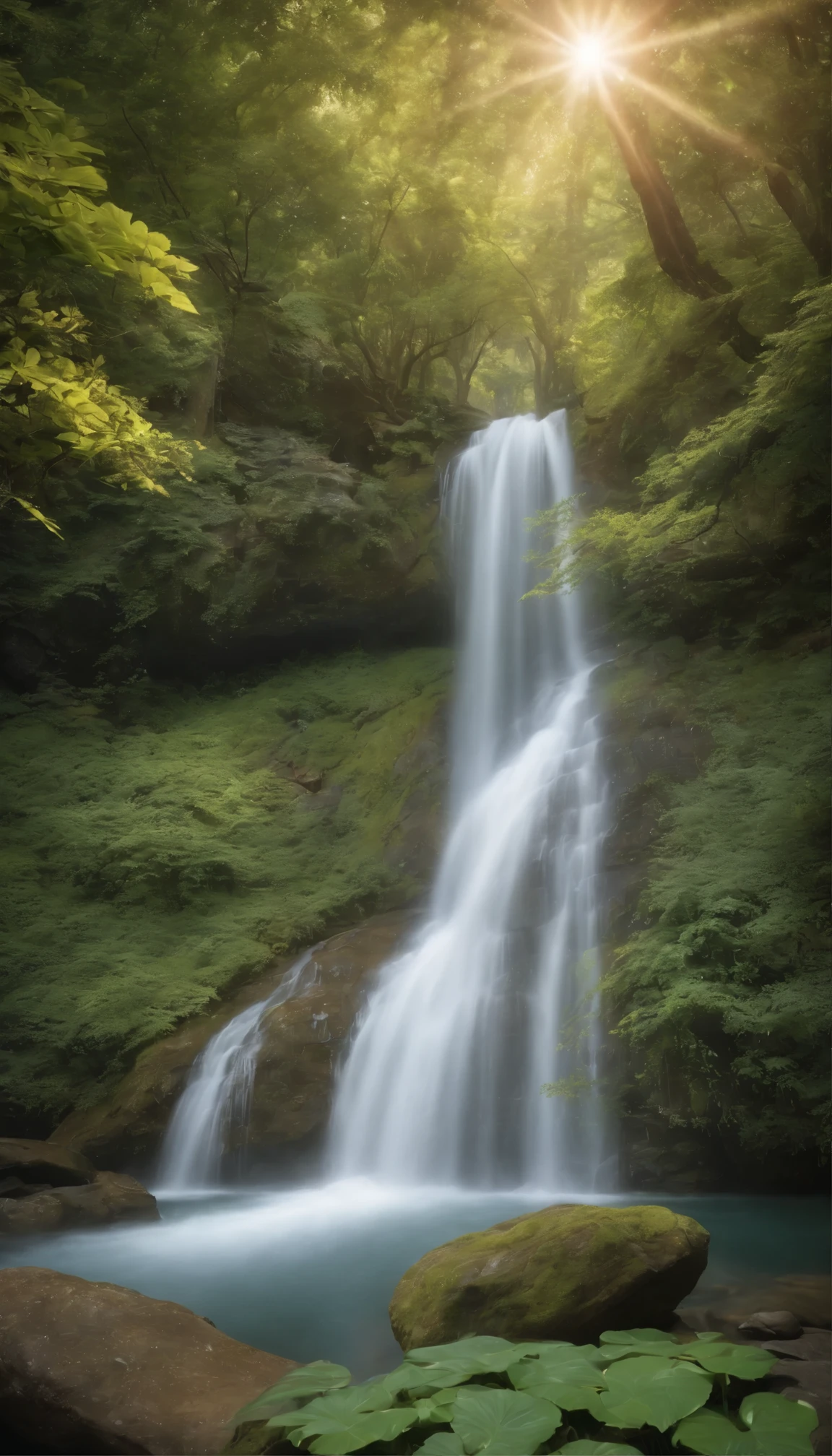 See breathtaking views where chaotic rushing waterfalls meet serene beauty。The waterfall cascading down the cliff、When the sunlight hits the complex and detailed surface of the water,、Water droplets splash in all directions。Ray tracing is、Breathing life into every drop、Creates realistic, detailed reflections on the calm lake below。This masterpiece is、It is the result of meticulous craftsmanship.、Photorealistic detail at its finest.。This scene comes alive with HDR lighting.、Rich colors and sharp focus are emphasized.、The backlighting accentuates the texture of the leaves and waves.。Sparkling light dances with water and color。