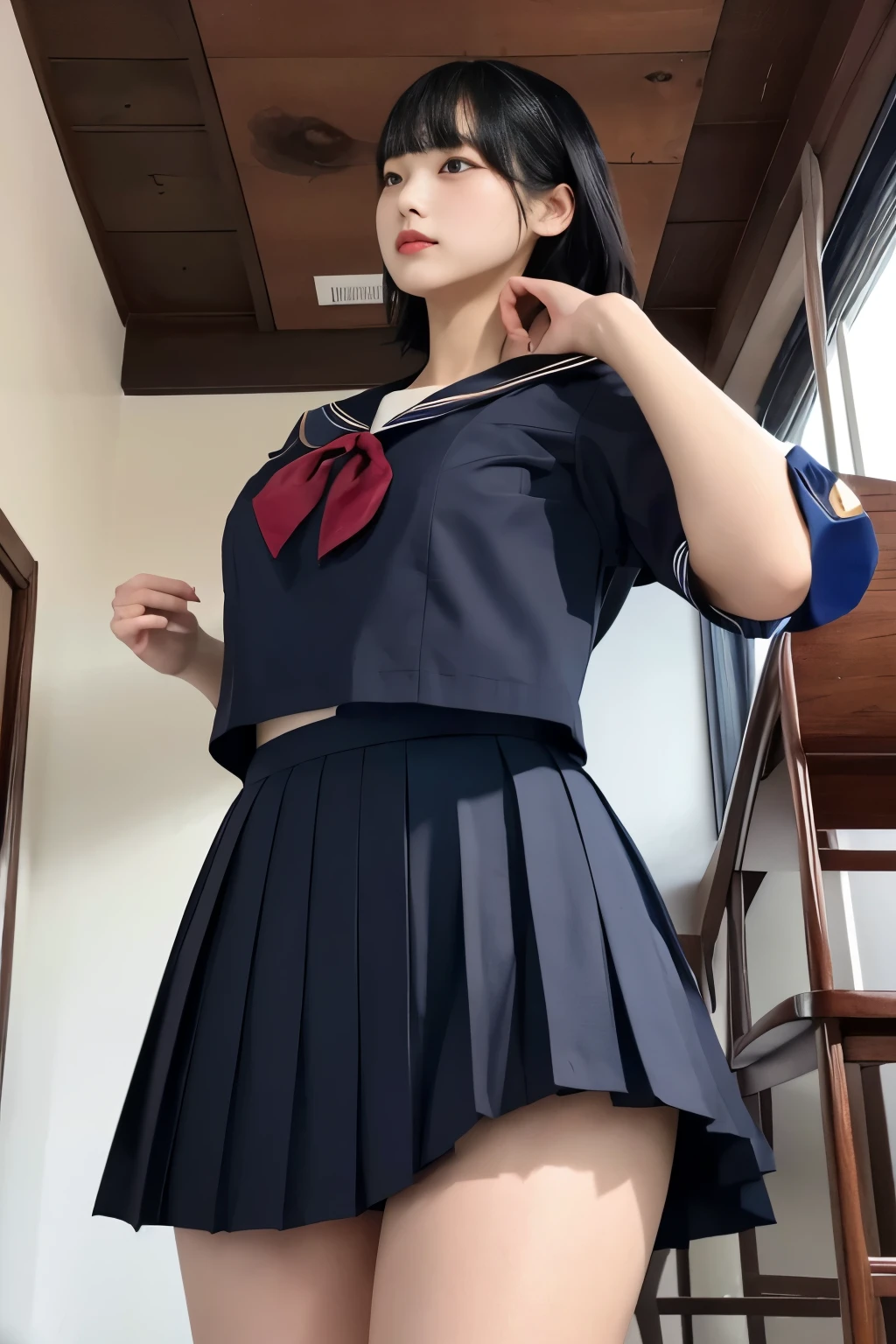 Masterpiece、highest quality、Woman 1、Super detailed、View looking up from directly below　Black Hair　Japanese school girl uniform、Sailor suit、Pleated skirt　Muscular belly、Large Breasts、under boob、Underboob、Chest seen from below　Sailor suitを真下から覗く　ceiling