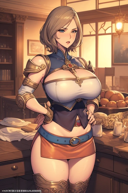 Cowboy Shot,(Golden Ratio,Tabletop, highest quality, highest quality, Official Art, beautifully、aesthetic:1.2), Very detailed, colorful,Best details,An illustration, Fantastic scene, (adult,19 years old,One Girl, alone, Final Fantasy 12,Asheria, short hair, short hair,Asheria Costume, huge , mini skirt,Knee socks, Thighs Thighs Thighs Thighs, gem, Blue Belt,One number on the belt),Course of action, Contemptuous look , Hands on hips、