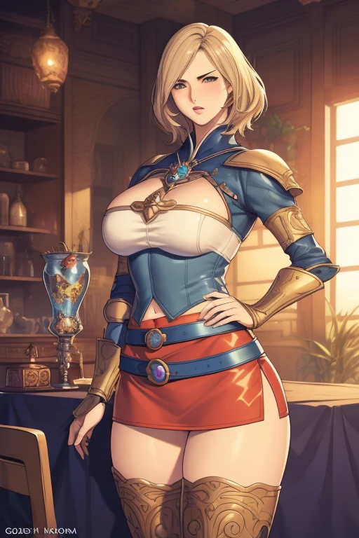 Cowboy Shot,(Golden Ratio,Tabletop, highest quality, highest quality, Official Art, beautifully、aesthetic:1.2), Very detailed, colorful,Best details,An illustration, Fantastic scene, (adult,19 years old,One Girl, alone, Final Fantasy 12,Asheria, short hair, short hair,Asheria Costume, huge , mini skirt,Knee socks, Thighs Thighs Thighs Thighs, gem, Blue Belt,One number on the belt),Course of action, Contemptuous look , Hands on hips、