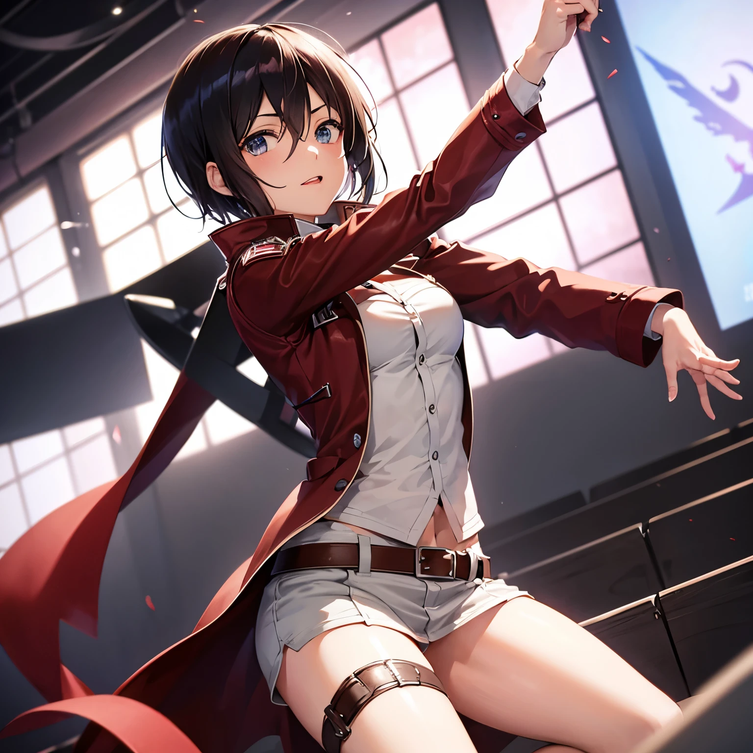 Obra maestra, La mejor calidad, Altas Resoluciones, Hmmikasa, pelo corto, ojos negros, bufanda, emblema, beltt, Correa para el muslo, red neckerchief, show legs, inocente, sonrojada, room, pijama sexy