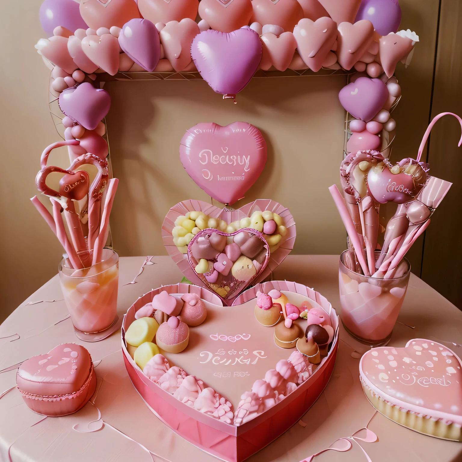 there is a box with a heart-shaped balloon and a basket of sweets, ๐ ๐ก ๐ ๐ง, ( pronto - feito ), romantic theme, presentes, totalmente decorado, em uma bandeja de madeira, ๐ฟ๐ธ๐, adorable and cute, doces, pastel', ๐ ๐ง ๐ ๐ง, por Eden Box, ๐๐๐พ com uma placa escrito (Happy Mother's Day)