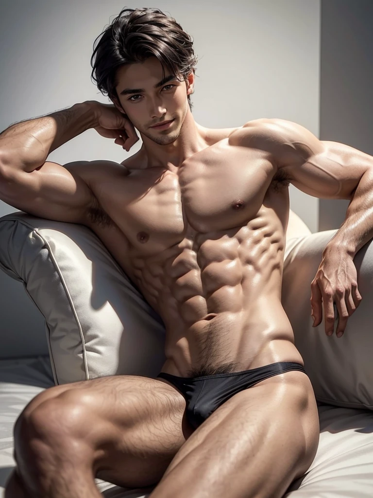 Masterpiece, Best Quality, Solo, European Model Men, muscular, white skin, smooth underarm, lifting his legs, studio background, lying, hard lighting, Natural eyes, Short and delicate black hair, Sexy Man, looking at the viewer, shirtless, sexy bikini, Small plots, Muscular posture, pubes, (extremely handsome: 1.2), smiling
