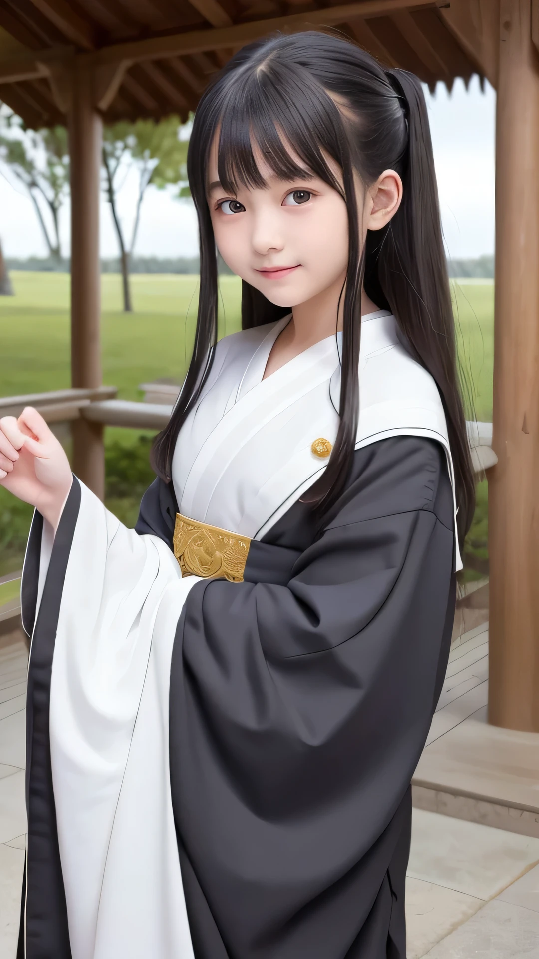 High-quality images,masterpiece,8K wallpapers incorporating detailed CG,Two Girls,12 years old,Baby Face,beautiful,smile,pale black hair,Realistic,pale black hair,Shrine maiden costume,Long Hair、Straight bangs、