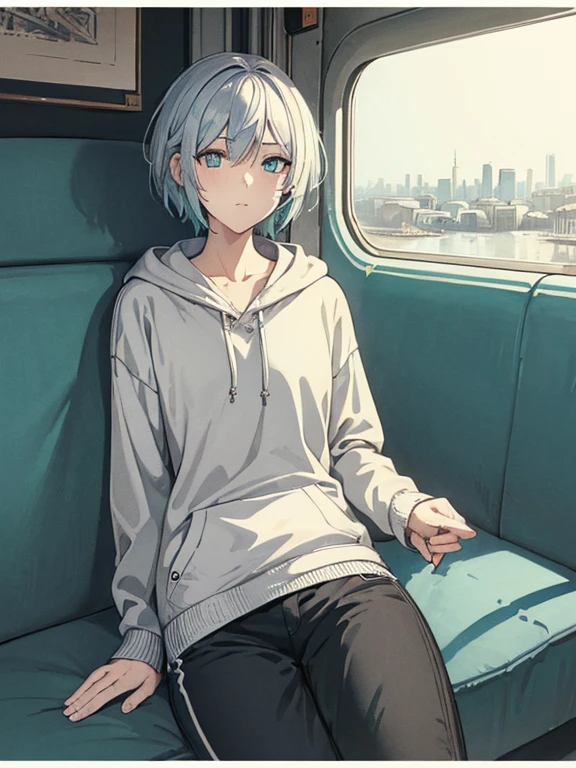 cool, masterpiece, highest quality, High resolution,,Woman sleeping on train, alone,Silver Hair, Small earrings,short hair, outside,Artistic,An illustration,Pants Style,Line art,Aqua Eye,morning,Best lighting,sun,casual, Woman wearing a hoodie,Flat Chest,Watercolor,Beautiful Face,tall