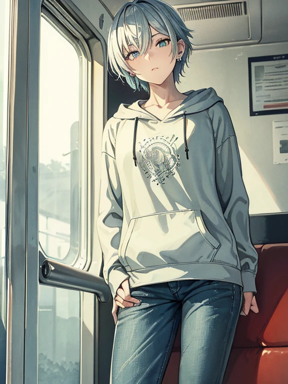 cool, masterpiece, highest quality, High resolution,,Woman sleeping on train, alone,Silver Hair, Small earrings,short hair, outside,Artistic,An illustration,Pants Style,Line art,Aqua Eye,morning,Best lighting,sun,casual, Woman wearing a hoodie,Flat Chest,Watercolor,Beautiful Face,tall