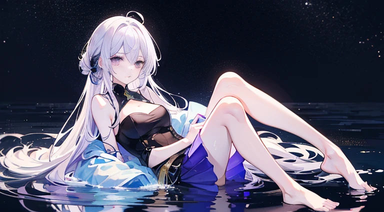 Lilac gradient hair,Asymmetrical hair,（（Very voluminous hair 1.8，Clear head outline 1.5））， Shoulder-length hair, Messy hair, Very long hair, Shiny hair，(Long hair:1.2),A beautiful girl，Gorgeous purple mini skirt，tall，slim，(看起来很sad，pale，sad，shut up：1.2） Against the backdrop of the bright dark starry sky，Side-lying，barefoot，float，water surface，dignified，Long Law，Long Law，fully，Normal legs，Whole body love