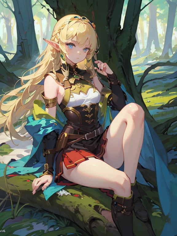 masterpiece, highest quality, Very detailed, 16k, Ultra-high resolution、1  elf girl, Detailed face、Perfect Fingers, Elf Ears, Small breasts, blue eyes, Blonde, Braid, Sleeveless, Tight Skirt, Light clothing, Carrying a bow on your back, in the forest, Sitting on the branch of a big tree