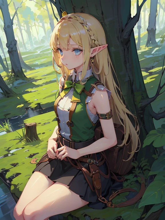 masterpiece, highest quality, Very detailed, 16k, Ultra-high resolution、1 14 year old elf girl, Detailed face、Perfect Fingers, Elf Ears, Small breasts, blue eyes, Blonde, Braid, Sleeveless, Tight Skirt, Light clothing, Carrying a bow on your back, in the forest, Sitting on the branch of a big tree