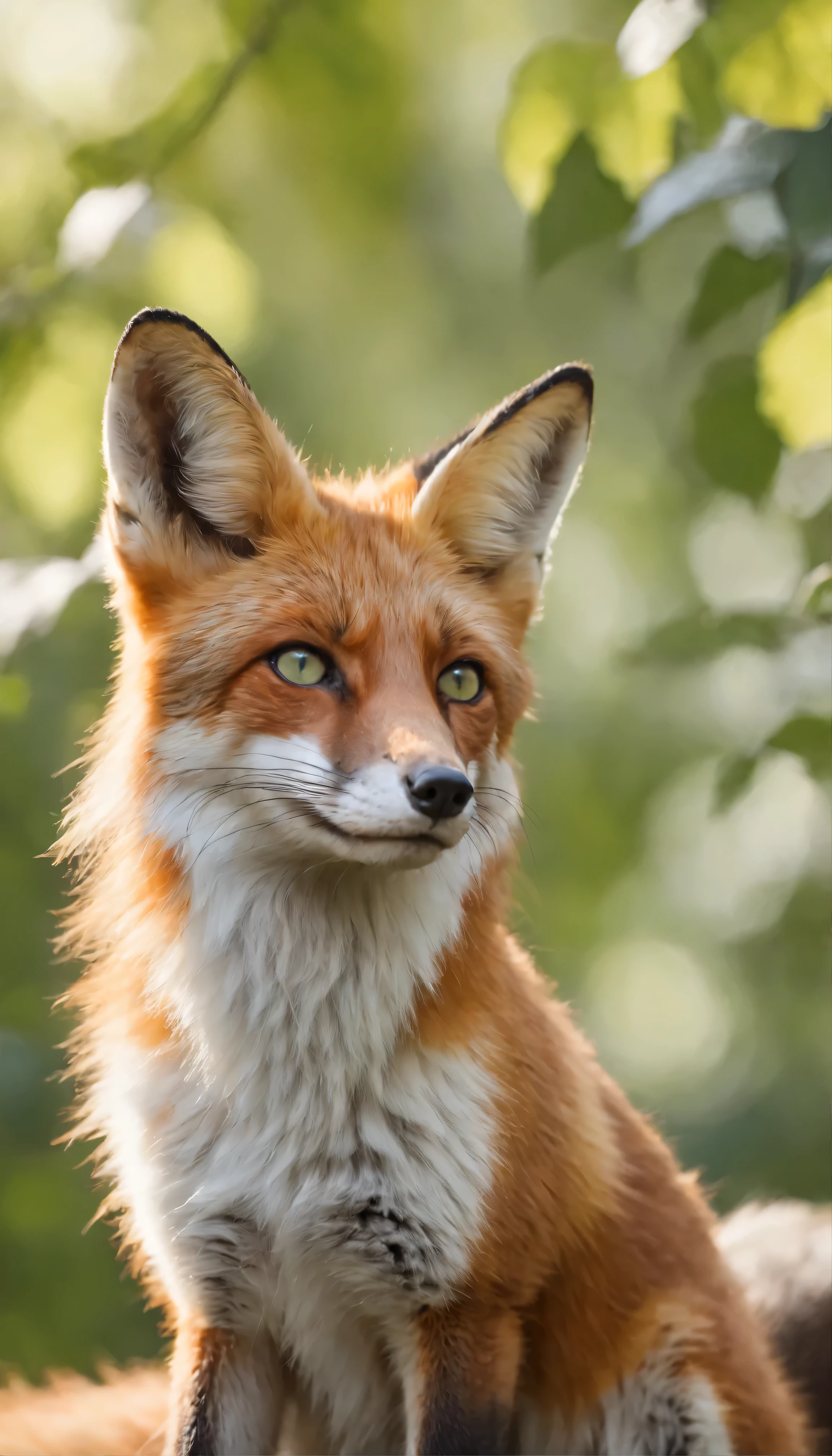 (Super detailed)、A beautifully and intricately rendered 4K image of an Anthro fox in green fur、(Sitting)、A calm and satisfied look、(Sitting cross-legged on a mossy log)、(Green Eyes、Glowing Eyes)、Gazing carefully into the distance、(Sharp and detailed features)、(A fox curled up on its back)、(Detailed meat balls、Long, pointy ears)、(Bright forest background、Dappled sunlight filtering through the canopy)、 (Lush greenery、Dew on the leaf)、(Realistic texture、leaf、fur)、