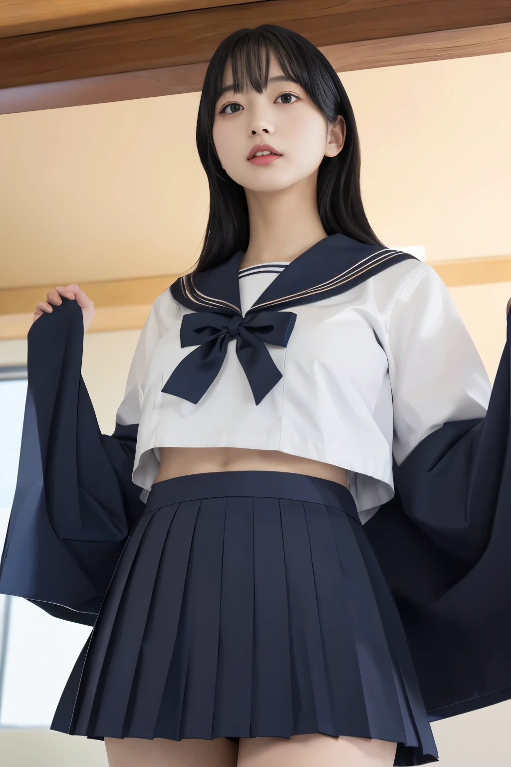 Masterpiece、highest quality、Woman 1、Super detailed、View looking up from directly below Black Hair Japanese school girl uniform、Sailor suit、Pleated skirt Muscular belly、Large Breasts、under boob、Underboob、Chest seen from below Sailor suitを真下から覗く ceiling