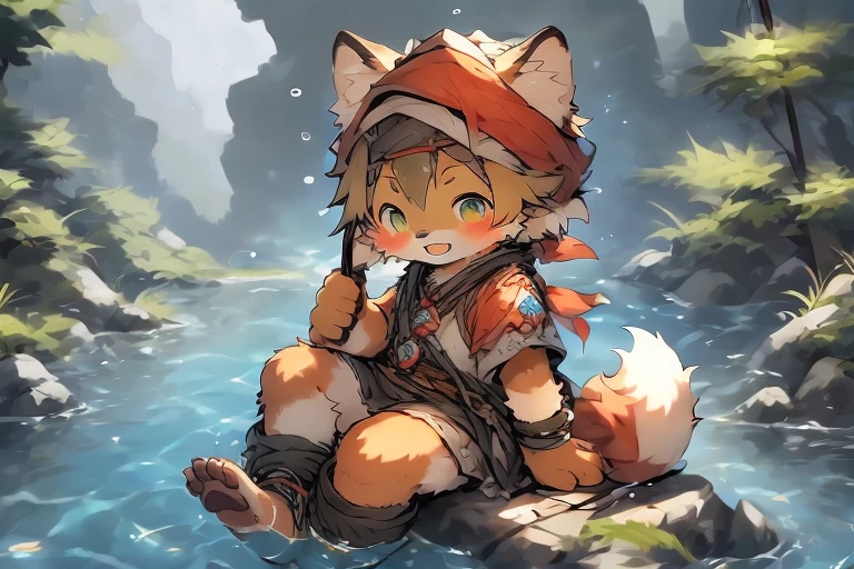 Cartoon style illustration of a fox fishing with a fishing rod in a river, Lovely and detailed digital art, Very very beautiful furry art, Detailed fan art, High quality wallpaper, dress up as a fisherman 🧥, Furry Fantasy Art, Hot topics on artstation pixiv, High-quality fan art, Human Fox, Cute fox(,Sexual desire boy,Men,Sitting,视角yes从上面看,Half immersed in water),byPino Deheni, A lot of people, Milk Tiger 1145, Dagasi, yes,(conjoined_dicephalus)