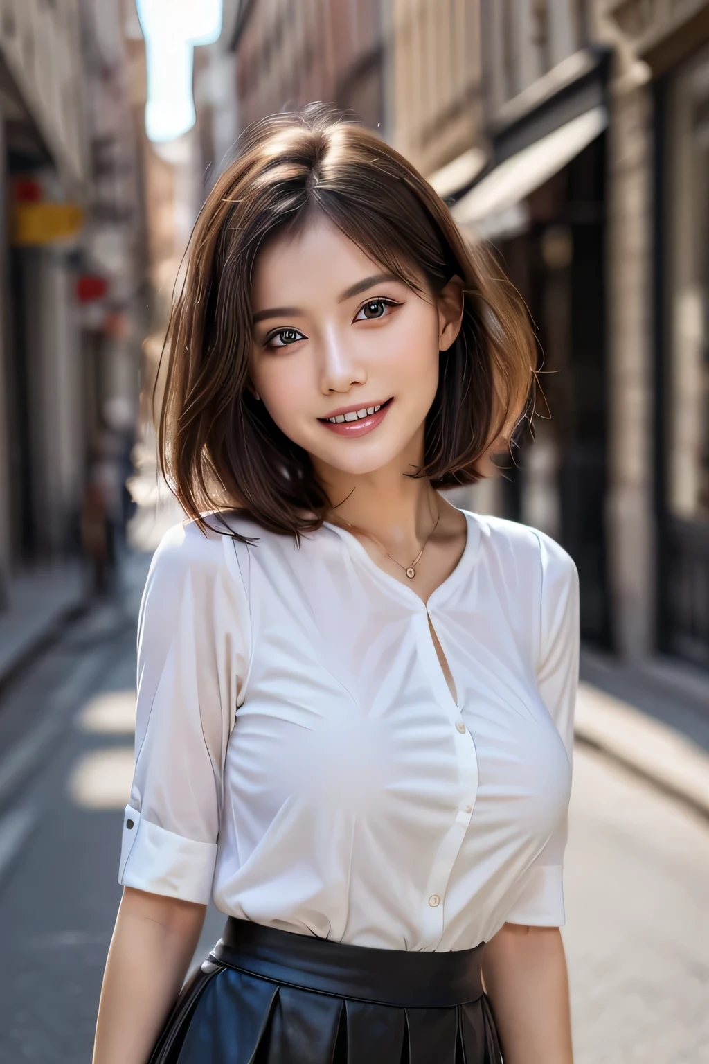(8k, RAW Photos, highest quality, masterpiece, Realistic, Realistic), (1 female), (Ultimate beauty), Highly detailed face, (Perfect Teeth), Beautiful Eyes, double eyelid, eyelash, smile, Lip details, (Neat brunette bob), The light shines on your face, Big Breasts, ((blouse)), (Tight mini skirt), (background: Town), Background Blur