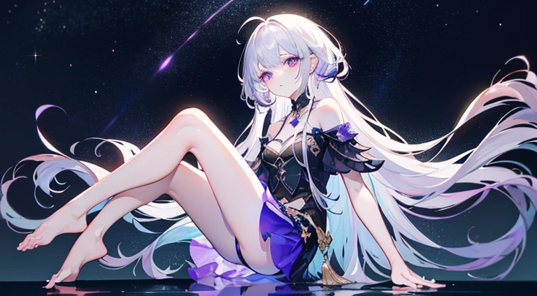 Lilac gradient hair,Asymmetrical hair,((Very voluminous hair 1.8,Clear head outline 1.5)), Shoulder-length hair, Messy hair, Very long hair, Shiny hair,(Long hair:1.2),A beautiful girl,Gorgeous purple mini skirt,tall,slim,(看起来很sad,pale,sad,shut up:1.2) Against the backdrop of the bright dark starry sky,Side-lying,barefoot,float,water surface,dignified,Long Law,Long Law,fully,Normal legs,Whole body love