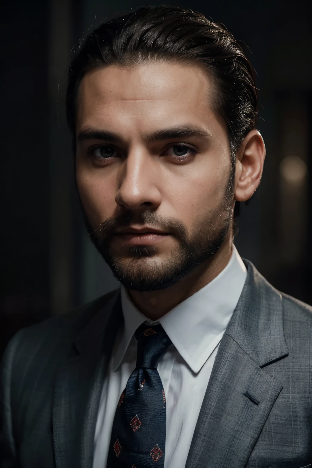 retrato frontal de un hombre en sus 40s, esta vistiendo un traje, tiene la mirada seria y enfocada, Retrato VFX altamente detallado, sharp looking portrait, barba prolija y muy corta, empresario existoso