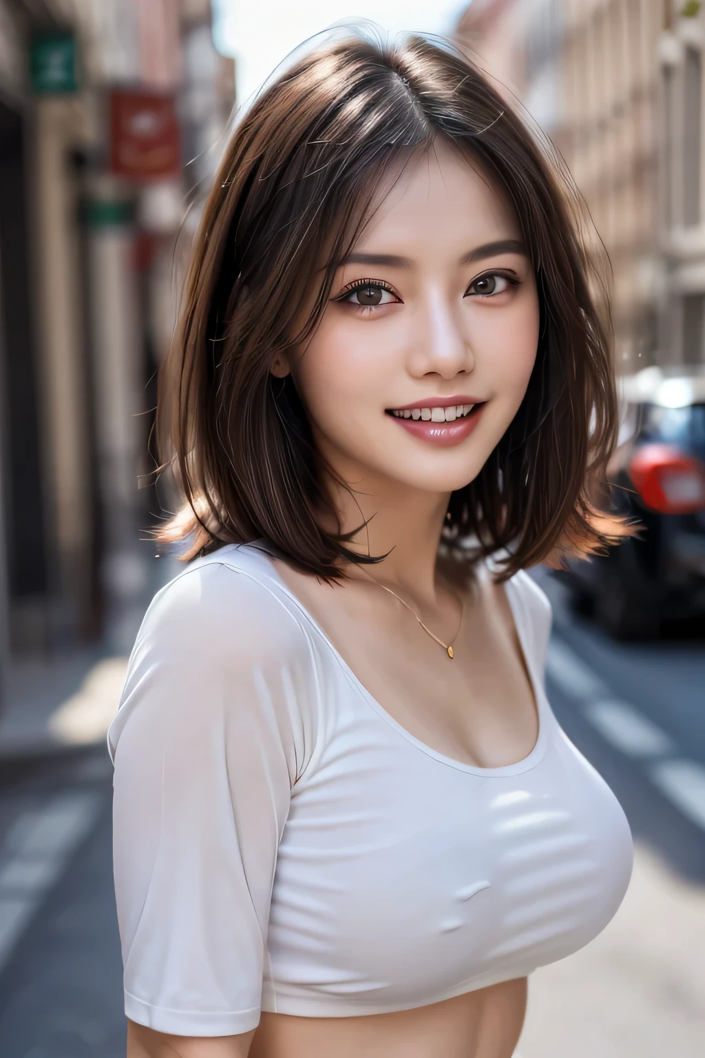 (8k, RAW Photos, highest quality, masterpiece, Realistic, Realistic), (1 female), (Ultimate beauty), Highly detailed face, (Perfect Teeth), Beautiful Eyes, double eyelid, eyelash, smile, Lip details, (Neat brunette bob), The light shines on your face, Big Breasts, ((blouse)), (Tight mini skirt), (background: Town), Background Blur