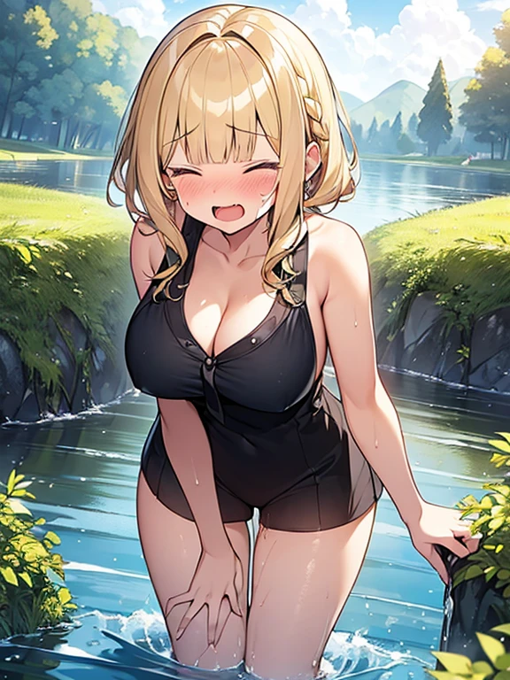 Masterpiece, Top quality, (1 beautiful girl), junior high school student, Blonde, short Hair, Braided hair, wavy Hair, blunt bangs, standard weight,(, nude,e):1.3, big brease, (sexual cl2, nose bluen moutiva, crying, closed eyes, (1boy and 1girl are having sex):1.4 , (beautiful scene in the river.1, wet, water drop, pussy juice, (standing position), (one leg .2, pubic hair