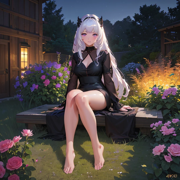 (best quality,4k,8k,highres,masterpiece:1.2),ultra-detailed,(realistic,photorealistic,photo-realistic:1.37),illustration,soft lighting,a girl with white hair,deep purple eyes,glowing eyes,sitting down,barefoot,face blushing,in a garden at night,flowers.Black Silk，Black high heels