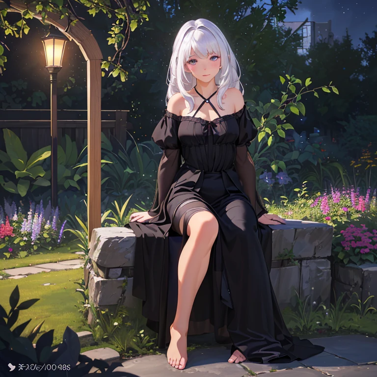 (best quality,4k,8k,highres,masterpiece:1.2),ultra-detailed,(realistic,photorealistic,photo-realistic:1.37),illustration,soft lighting,a girl with white hair,deep purple eyes,glowing eyes,sitting down,barefoot,face blushing,in a garden at night,flowers.Black Silk,Black high heels