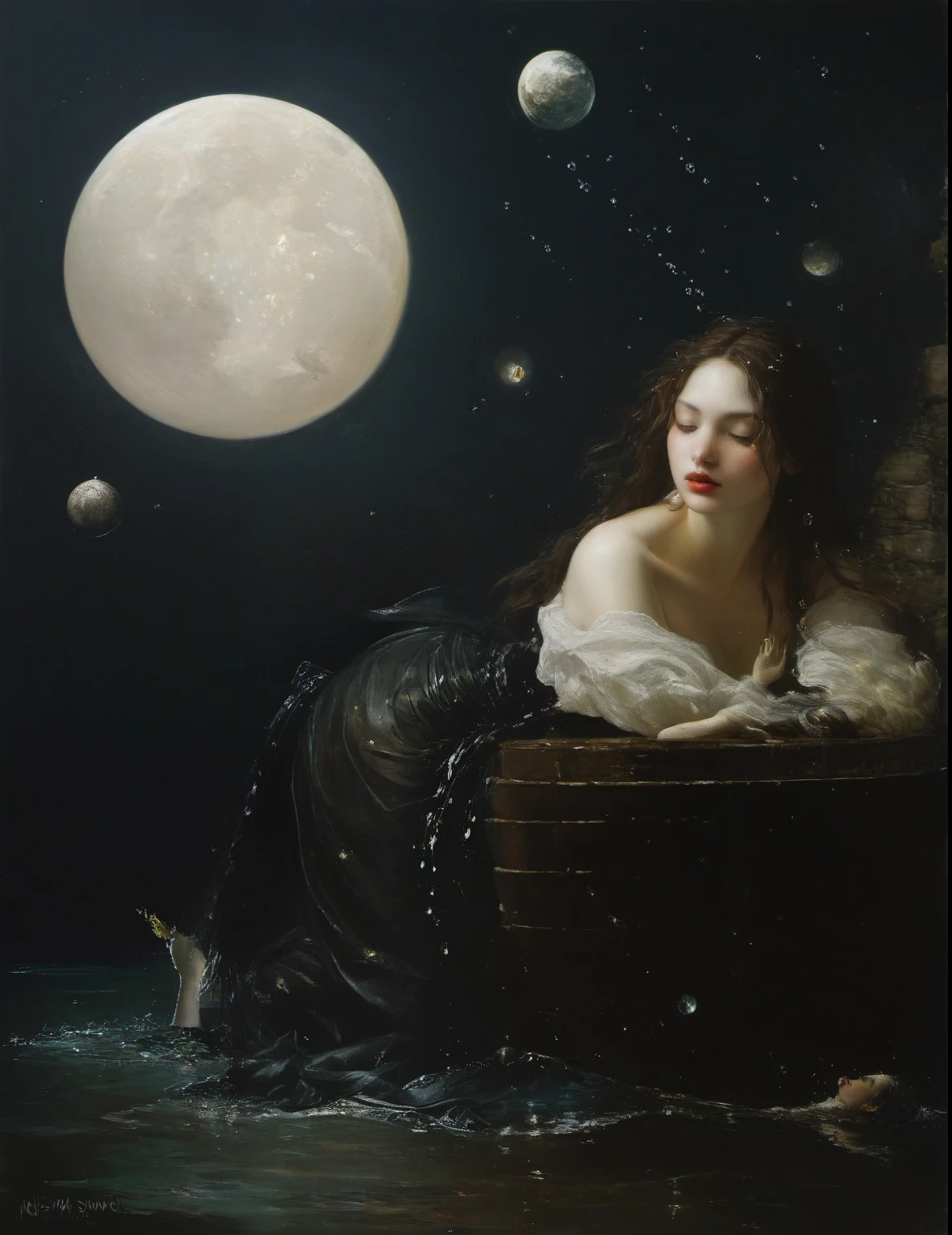 James Gurney, Surrealist art , dream-like, Mysterious, Provocative, symbolic, Complex, detailed,, (Gothic but very beautiful:1.4), (masterpiece, highest quality:1.4) , Nicola Samori Style, Drops of the Moon , Water bubbles、Beautiful Mermaid、moonlight