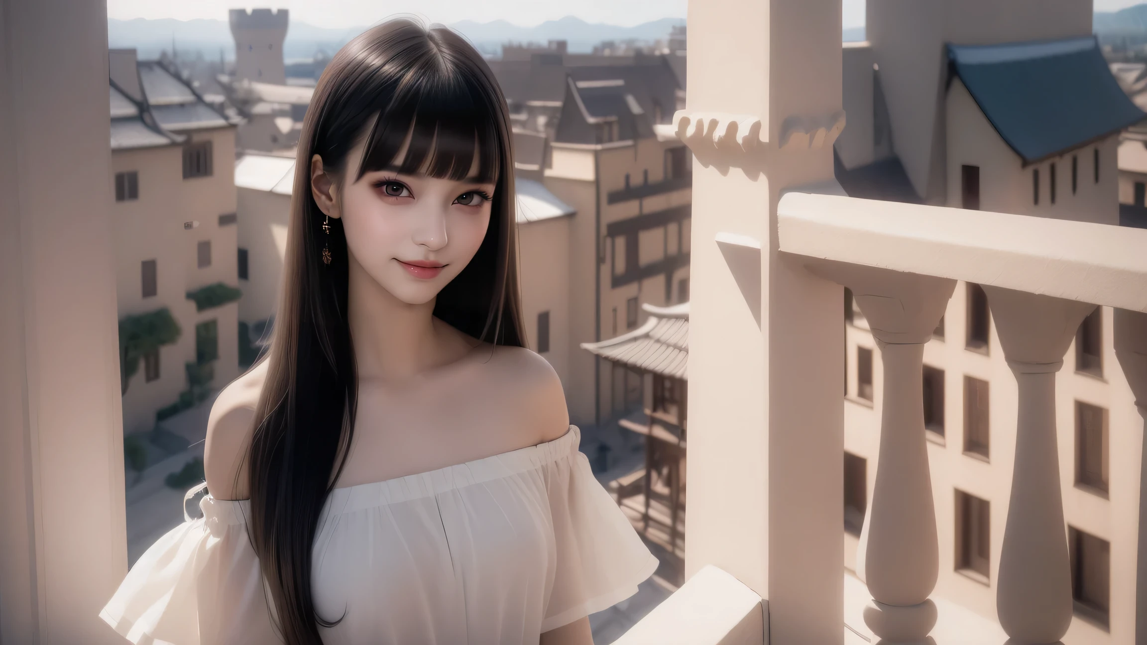 ((Straight bangs、Princess Bang)),((Very heavy、Voluminous bangs:1.1)),((very long、Very heavy、Very voluminous side locks:1.1)), Hime cut、Straight bangs hairstyle、Round face and ugly bangs、Long hair with ugly bangs、The bangs are cut straight、(masterpiece、highest quality:1. 5), (Ultra-fine 8K CG:1.4), (hyperRealistic:1.25), (PhotoRealistic:1.25), (Realistic:1.4),(Ultra Wide Angle)、 (View Top:1.35), (From the front 1.4), (smile1.3)、 1 japanese beautiful girl, 19 years old, Supermodel, Japanese Idols, (smile)、 (Translucent off-shoulder white dress :1.1), (:1.4), ,( Girl standing on balcony of old castle:1.4),(Majestic Landscape)
