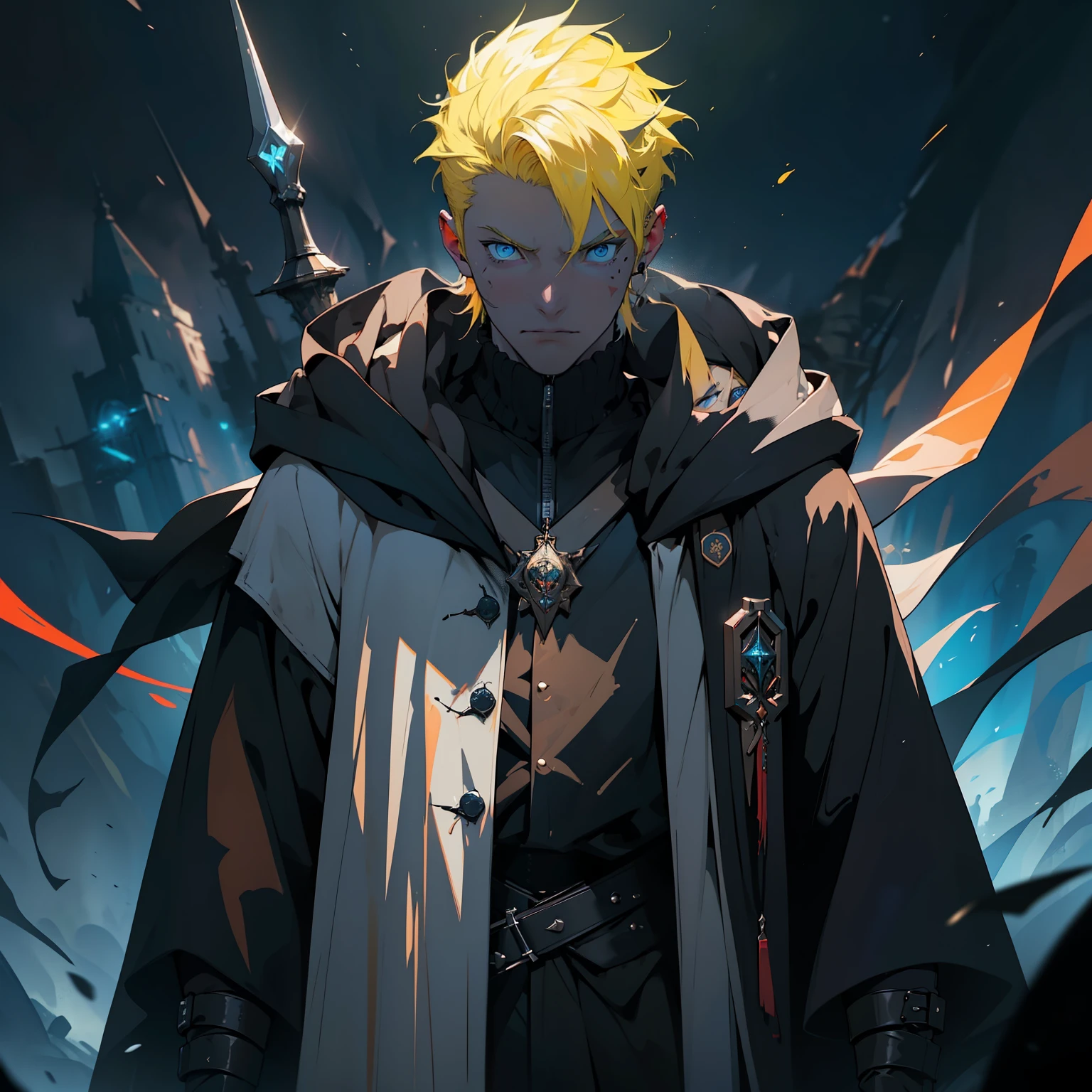 (in 8K、top-quality、masterpiece:1.2)、(Vampire King)、Cyberpunk men、fantasy worlds、dark backgrounds、Clean design、Magnificent Instagram、art stations、Colorful paint splatter、silhuette、Ultra-detailed intricate details、unrealengine、Fantasia、intricate detailes、Splash Screen、Complementary color scheme、Fantasy concept art、an oil painting、heavy strokes、Paint dripping、(isolated on white:1.3)、Rainbow skin、(((Handsome young man)))、(glowingblueeyes)、 ((Bright eye)), (( spiky short, Yellow hair:1.1))), ((Black Millitary Coat)), (prinz\\(indifferent look\\),(Wearing a luxurious black robe with high detail))), Yellow-haired, Frost magic, ((breastsout), ((Wizard)).
