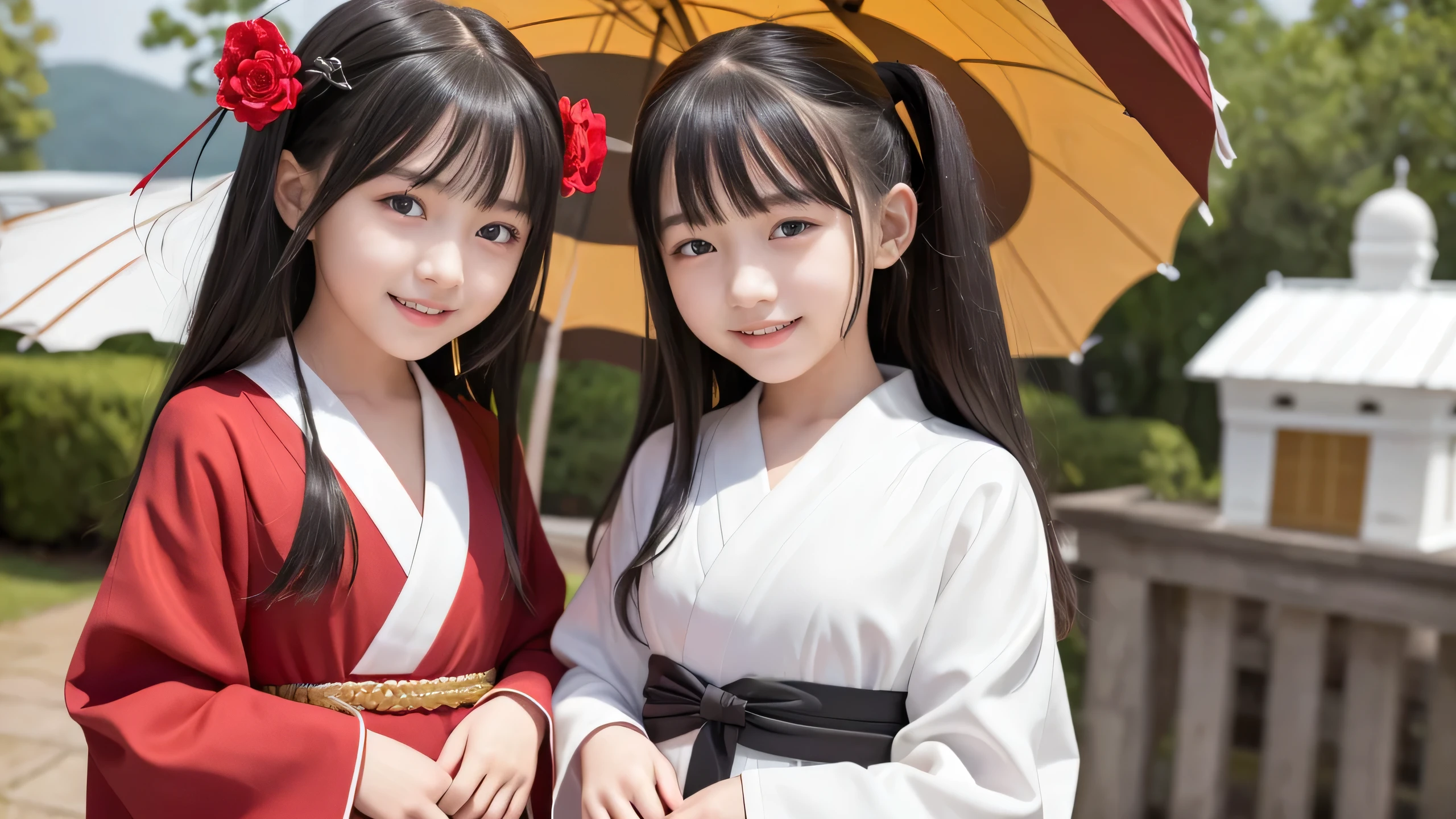 High-quality images,masterpiece,8K wallpapers incorporating detailed CG,Two Girls,,Baby Face,bemile,pale black hair,Realistic,pale black hair,Shrine maiden costume,Long Hair、Straight bangs、