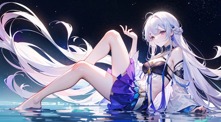 Lilac gradient hair,Asymmetrical hair,((Very voluminous hair 1.8,Clear head outline 1.5)), Shoulder-length hair, Messy hair, Very long hair, Shiny hair,(Long hair:1.2),A beautiful girl,Gorgeous purple mini skirt,tall,slim,(看起来很sad,pale,sad,shut up:1.2) Against the backdrop of the bright dark starry sky,Side-lying,barefoot,float,water surface,dignified,Long Law,Long Law,fully,Normal legs,Whole body love