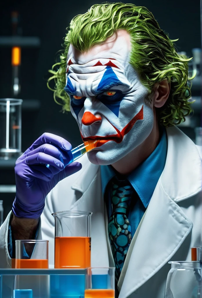 The Joker, serious and determined face expression, donning white laboratory coat, try to mix two fluids on a crystal clear reaction tube glass, one on his right hand is a bright orange viscous fluid, one on his left hand is a blue liquids, a neat tidy andd well organized chemical laboratory, insanely detailed, high resolution, high definition, 8k, ultra sharp and crisp, realistic style, Don Lawrence style, octane render