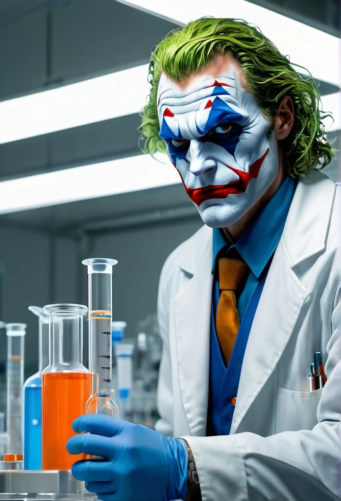 The Joker, serious and determined face expression, donning white laboratory coat, try to mix two fluids on a crystal clear reaction tube glass, one on his right hand is a bright orange viscous fluid, one on his left hand is a blue liquids, a neat tidy andd well organized chemical laboratory, insanely detailed, high resolution, high definition, 8k, ultra sharp and crisp, realistic style, Don Lawrence style, octane render