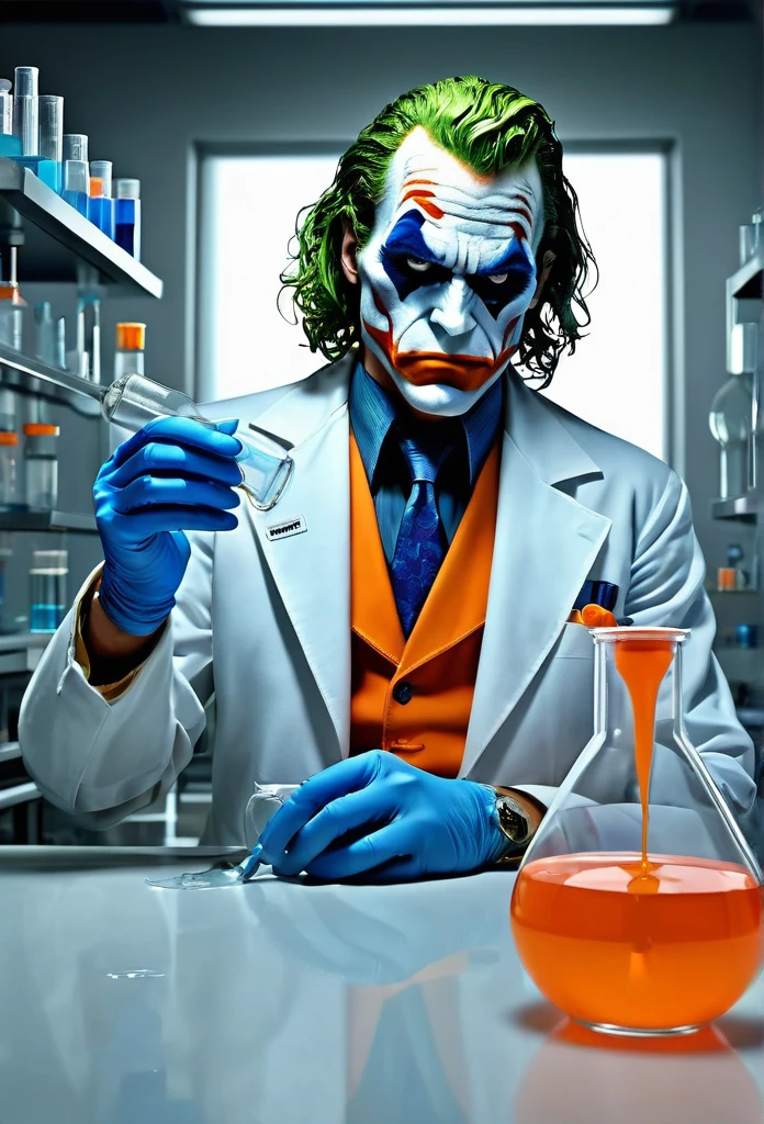 The Joker, serious and determined face expression, donning white laboratory coat, try to mix two fluids on a crystal clear reaction tube glass, one on his right hand is a bright orange viscous fluid, one on his left hand is a blue liquids, a neat tidy andd well organized chemical laboratory, insanely detailed, high resolution, high definition, 8k, ultra sharp and crisp, realistic style, Don Lawrence style, octane render