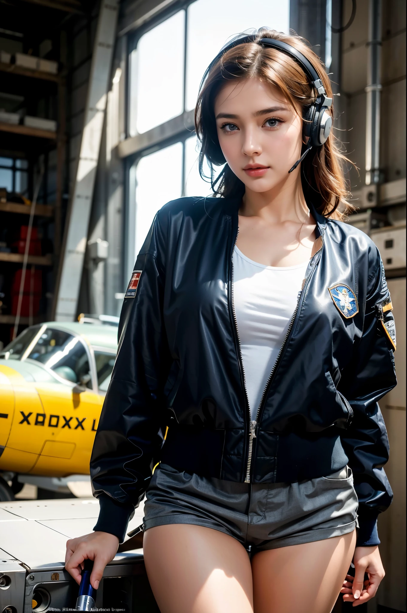 Best quality, ((insanely Realistic RAW photo)), professional photograph, intricate composition, an extremely delicate and beautiful, ultra high res, professional lighting and shading, ((Realistic image of a extremely pretty female Aircraft mechanic, solo)), Inside a spacious Aircraft hangar, Vintage airplanes of the World War II era line the background, (Wearing a MA-1 Flight Jacket), (Wearing a headset), (wearing short pants), parted lips, She does aircraft maintenance, very professional mechanic, ((extremely beautifully detailed eyes and face)), ((insanely beautiful natural skin texture, Accurate eyes)), Accurate hands, Well-balanced overall body