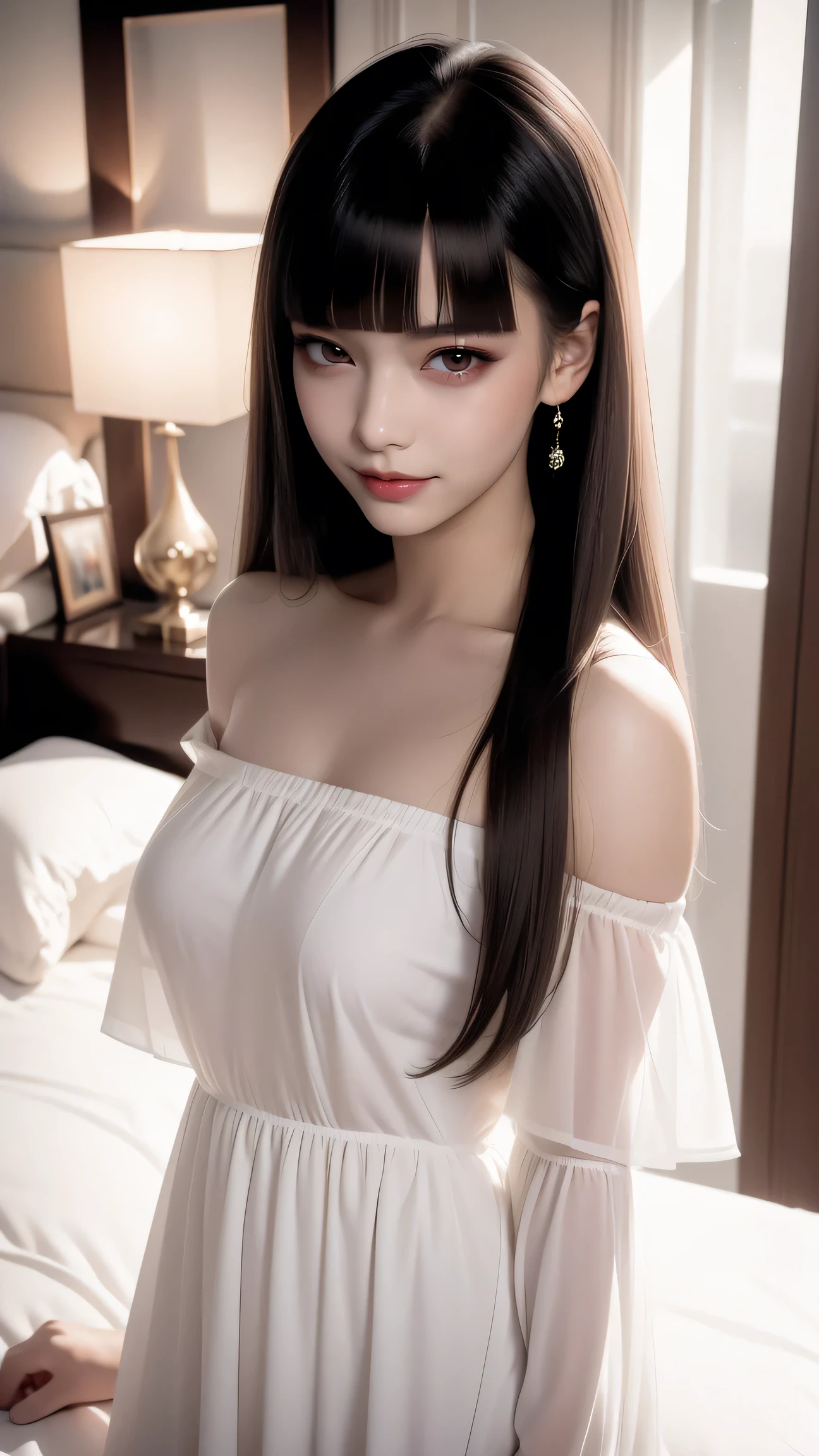 ((Straight bangs、Princess Bang)),((Very heavy、Voluminous bangs:1.1)),((very long、Very heavy、Very voluminous side locks:1.1)), Hime cut、Straight bangs hairstyle、Round face and ugly bangs、Long hair with ugly bangs、The bangs are cut straight、(masterpiece、highest quality:1. 5), (Ultra-fine 8K CG:1.4), (hyperRealistic:1.25), (PhotoRealistic:1.25), (Realistic:1.4), (View Top:1.35), (From the front 1.4), (smile1.3)、 1 japanese beautiful girl, 19 years old, Supermodel, Japanese Idols, (smile)、 (Translucent off-shoulder white dress :1.1), (Lying in bed:1.4), 