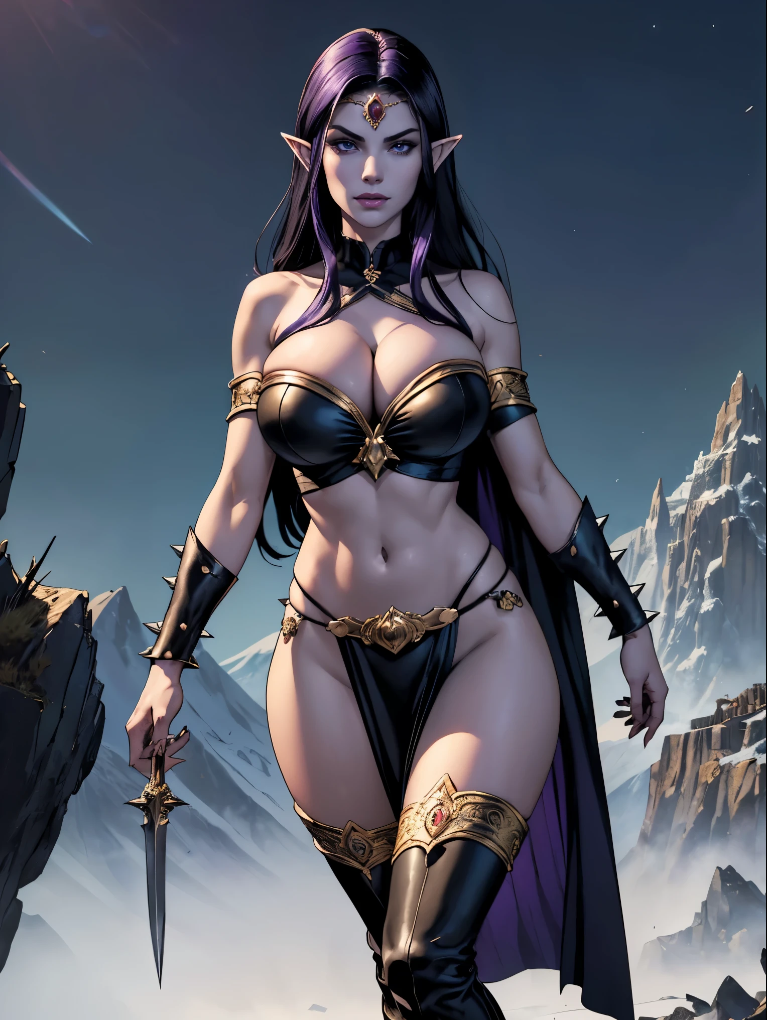 (masterpiece, top quality, best quality, official art, beautiful and aesthetic:1.2), (1girl:1.3), ((Sharp facial features, sharp features, hawkish features)), ((big hair, long elf ears, long black hair)), (((pale purple skin, pale blue skin, blue skin, purple skin))), big tiddy dark elf girl, extremely detailed, portrait, looking at viewer, solo, (full body:0.6), detailed background, full-body shot, (cold night mountain theme:1.1), dark elf war dancer, (spiky winged headdress), charlatan, smirk, mysterious, swaying in mountains, skimpy attire, revealing gladiatrix costume, ebony metal, gold filigree, gold bikini, circlet, metal bikini, long boots, dual knives, blood red fabric, pelvic curtain, loincloth, black leather, ((((gigantic breasts, cleavage, skindentation, long legs, pelvic curtain)))), cute belly button, toned tummy, slim waist, slim hips, long legs, medieval (mountain exterior:1.1) background, dark mysterious lighting, shadows, magical atmosphere, dutch angle