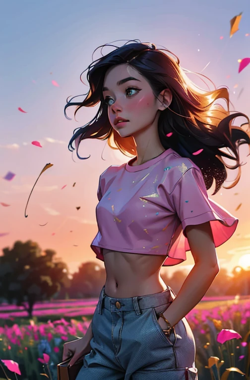 award winning digital art, half body portrait of a beautiful woman in a pink crop top and cargo pants with navy blue teal hairstyle with head in motion and long hair flying, in a flower field, golden sunset, particles dust, glitter, paint splashes, splatter, outrun, vaporware, shaded flat illustration, digital art, trending on artstation, highly detailed, fine detail, intricate