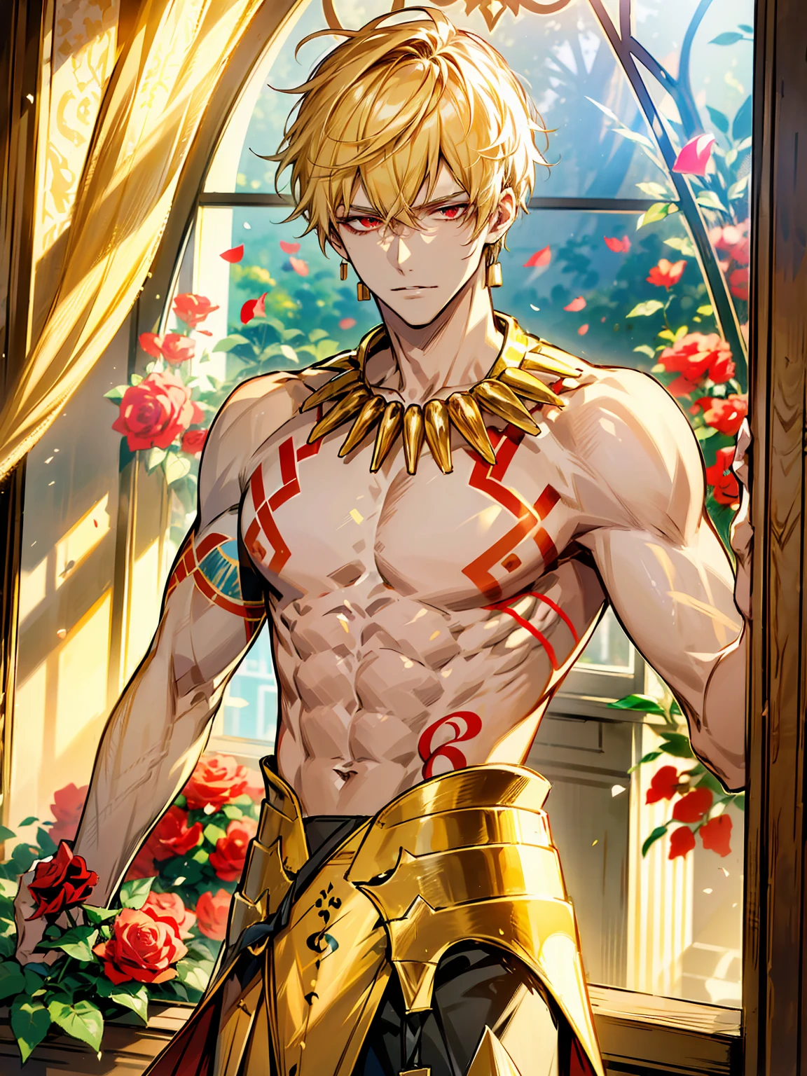 absurdres, highres, ultra detailed, HDR, master piece, best quality, extremely detailed face, delicated features, Gilgamesh (caster), blonde hair, expressive red eyes, Fate Grand Order, solo, sexy man, handsome, adult face, manly man, purple tattoo on the shoulder, toned chest, single golden gauntlet, sitting, hand resting on his cheek, red pants, golden necklace, turban with blue horns, jelwery, red roses, window, curtains, throne room, fantasy, magical