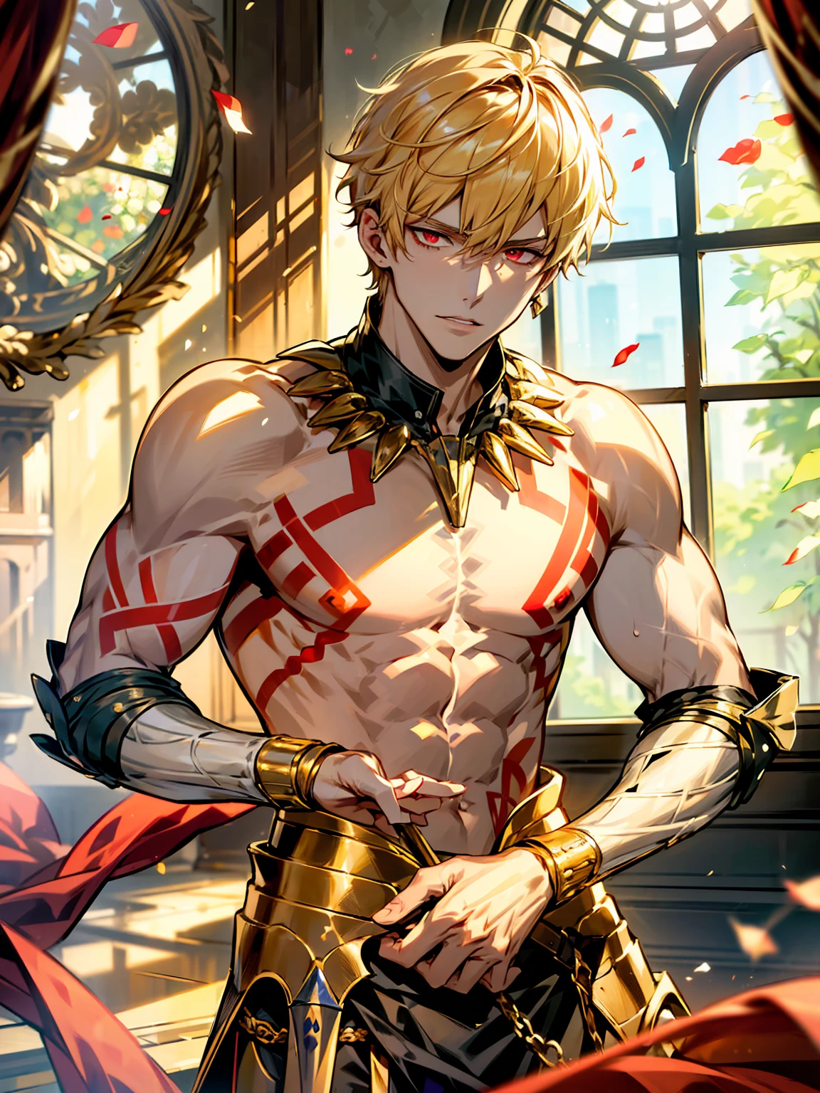 (absurdres, highres, ultra detailed, HDR), masterpiece, best quality, Gilgamesh, 1man, solo, handsome, short hair, blonde hair, vibrant red eyes, finely eye and detailed face, topless, gold armor, tattoo, red roses, window, petals