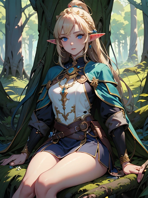 masterpiece, highest quality, Very detailed, 16k, Ultra-high resolution、1 14 year old elf girl, Detailed face、Perfect Fingers, Elf Ears, Small breasts, blue eyes, Blonde, Braid, Sleeveless, Tight Skirt, Light clothing, Carrying a bow on your back, in the forest, Sitting on the branch of a big tree