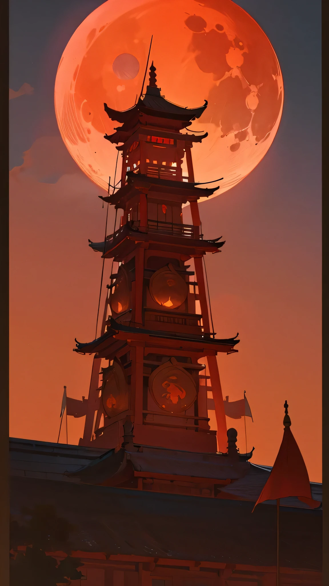 Hindu temple in focus, redblood moon in background, bright night sky, red flag hoisted on temple, anime style