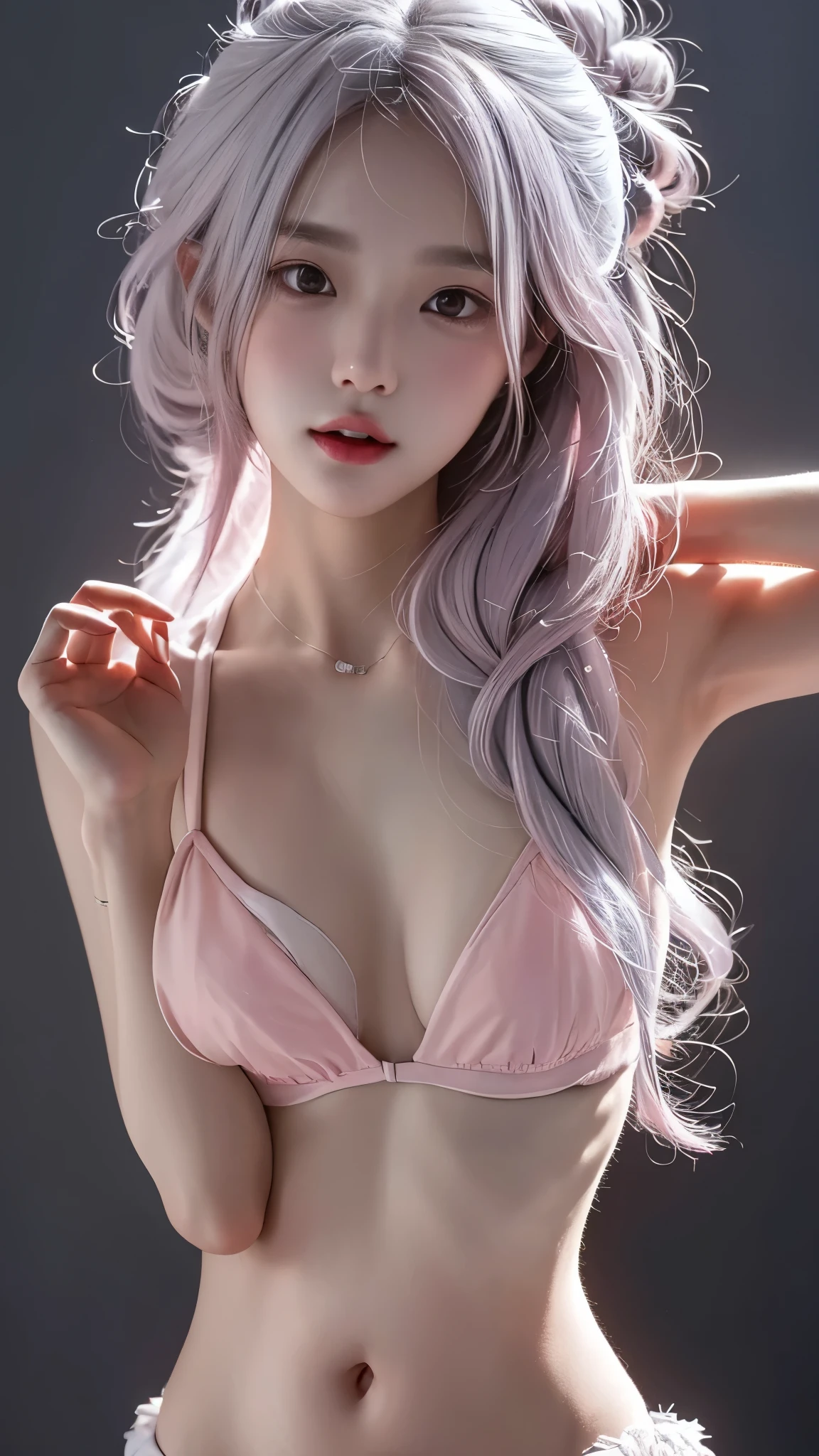 ((upper body)), 1girll,Light shines on the face, rosy lips, topknot, glowing eyes, hair bun, Surrealism, close-up, Sony FE GM, polar opposites, symmetry, UHD, masterpiece, super detail, high details, highres,pink silver hair,Small breasts,Are thin,A famous Korean idol singer with a rich voice,A famous Korean idol and beautiful dancer with advanced athletic ability,Eyes are narrow eyes,bright personality,The belly button and the surrounding area are exposed,Close-up from the waist up,The belly button and the surrounding area are exposed,