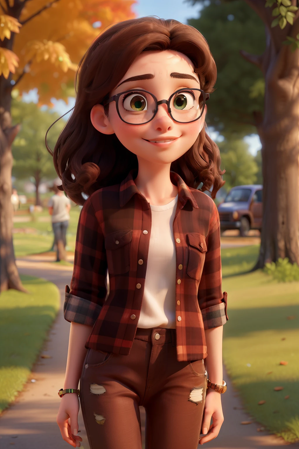 (.best quality, ultra-detailed), (realistic: 1.37), portrait, girl in a park, brown hair, square glasses, honey eyes, detailed eyes and face, bright colors, red plaid shirt, black jeans, all star sneakers , green grass, trees, blue sky, sunlight, soft shadows, autumn leaves scattered on the ground, faint breeze, peaceful atmosphere, colorful flowers, playful expression, curly hair, gentle smile, natural sunlight, bokeh in the background, bright eyes ,harmonious composition, soft lighting, sharp details, expressive face, realistic skin texture, unique personality, playful pose, blurred background, serene ambiance, touch of warmth, subtle highlights, ethereal ambiance, charming features, subtle freckles, soft colors, focus smooth, emotionally captivating, meticulous attention to detail, carefully crafted, fluid brushstrokes, artistic interpretation, emotionally evocative, subtle shadows, restrained color palette, whimsical touch, harmonious color scheme, visually stunning, subtle nuances, seductive presence, serene beauty, Breathtaking realism, gently lit, picturesque environment, fascinating gauze, serene environment, soft and natural color tones, inviting atmosphere