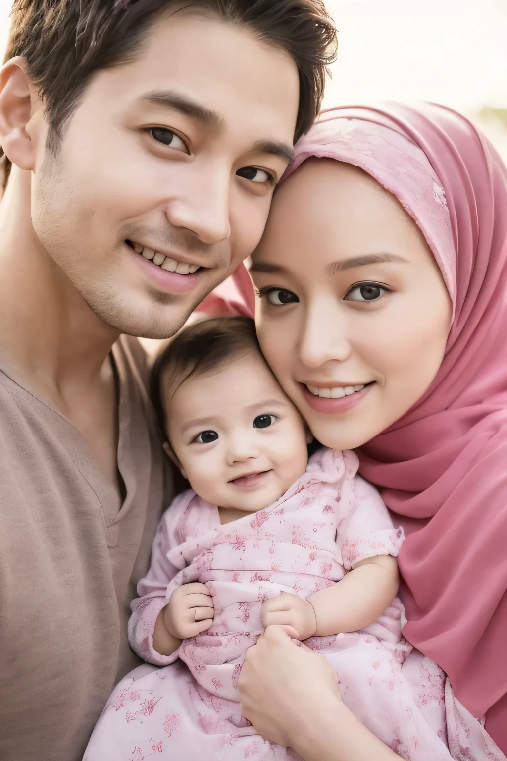 (detailed and realistic portrait of a happy family with a clean face), (round eyes and long flutters hair shot outside),staring at camera,magical photography, dramatic lighting, photo realism, ultra-detailed,
 intimate portrait composition, (centered image composition),(close up shot:1.6),best quality,f/1. 8, 85mm,
A photorealistic image of a happy Indonesian family, (The husband and wife are holding their  girl),( the wife is wearing a hijab), with a natural background,(The husband has short spiky hair), They are smiling with eyes full of happiness and love.