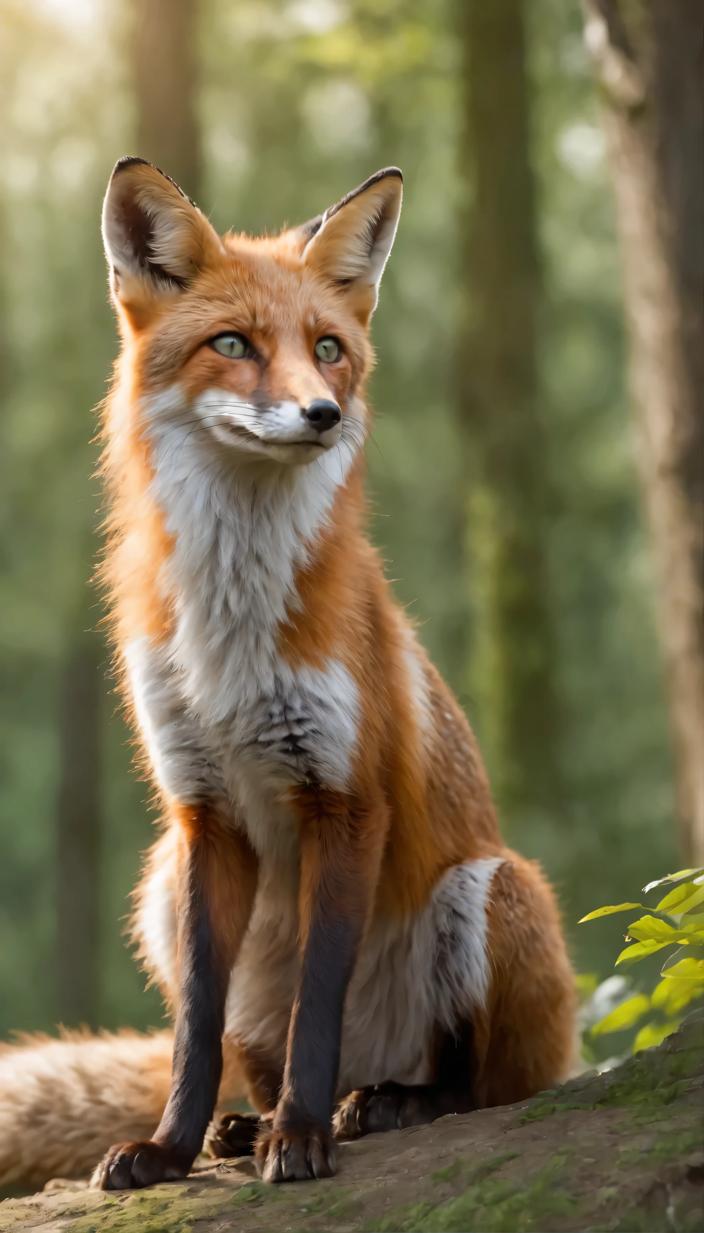 (Super detailed)、A beautifully and intricately rendered 4K image of an Anthro fox in green fur、(Sitting)、A calm and satisfied look、(Sitting cross-legged on a mossy log)、(Green Eyes、Glowing Eyes)、Gazing carefully into the distance、(Sharp and detailed features)、(A fox curled up on its back)、(Detailed meat balls、Long, pointy ears)、(Bright forest background、Dappled sunlight filtering through the canopy)、 (Lush greenery、Dew on the leaf)、(Realistic texture、leaf、fur)、