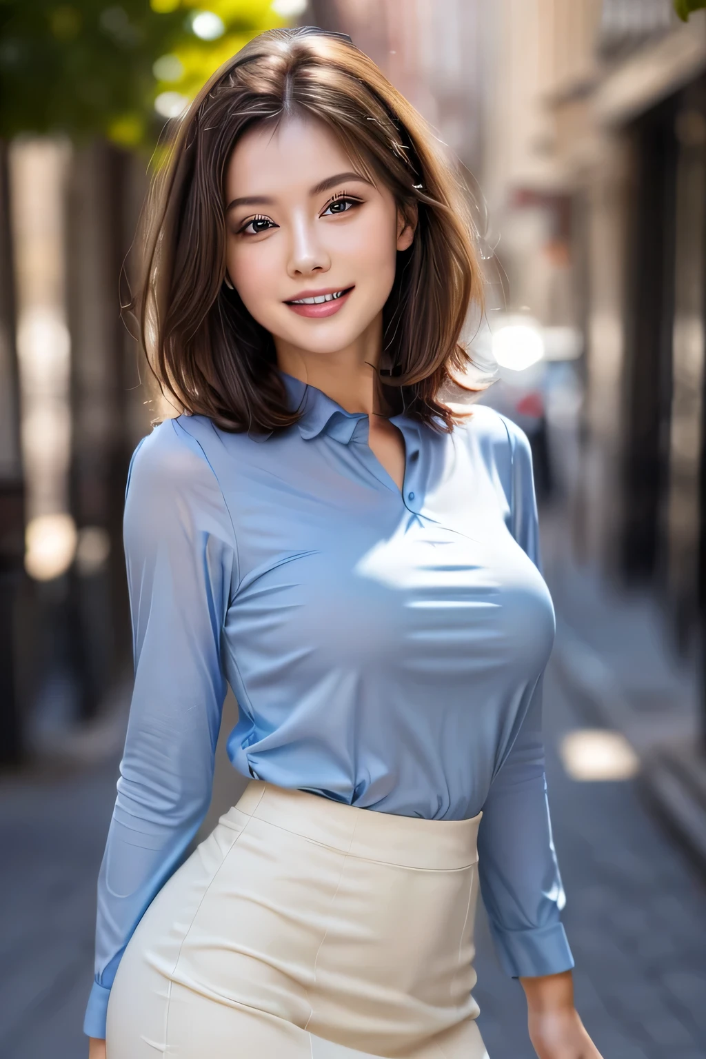 (8k, RAW Photos, highest quality, masterpiece, Realistic, Realistic), (1 female), (Ultimate beauty), Highly detailed face, (Perfect Teeth), Beautiful Eyes, double eyelid, eyelash, smile, Lip details, (Neat brunette bob), The light shines on your face, Big Breasts, ((Light blue blouse)), (Beige tight mini skirt), (background: Town),  Background Blur