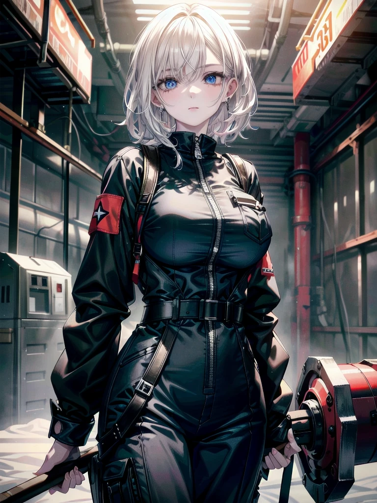 whole body, (mechanic's jumpsuit), absurdres, RAW photo, extremely delicate and beautiful, masterpiece, Best Quality, ultra high resolution, 32k, hyperrealistic, ultra-detailed, detailed description, pale skin, 20 years old, detailed beautiful face and eyes, tearful mole, earring, Colossal tits, short medium hair, wavy hair, shorts, long sleeve,