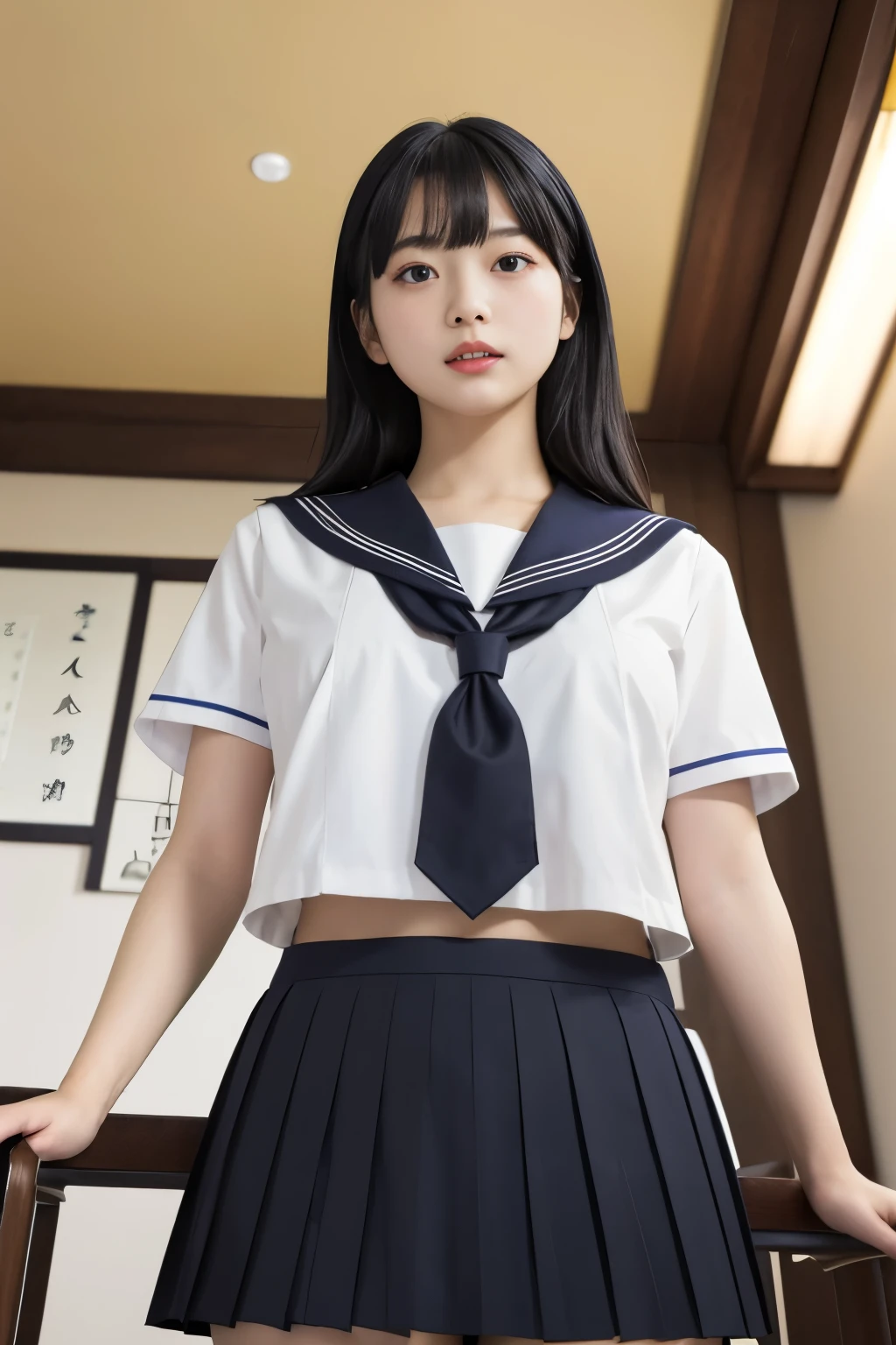 Masterpiece、highest quality、Woman 1、Super detailed、View looking up from directly below　Black Hair　Jaw　Japanese school girl uniform、Sailor suit、Pleated skirt　Muscular belly、Large Breasts、under boob、Underboob、Chest seen from below　Sailor suitを真下から覗く　ceiling