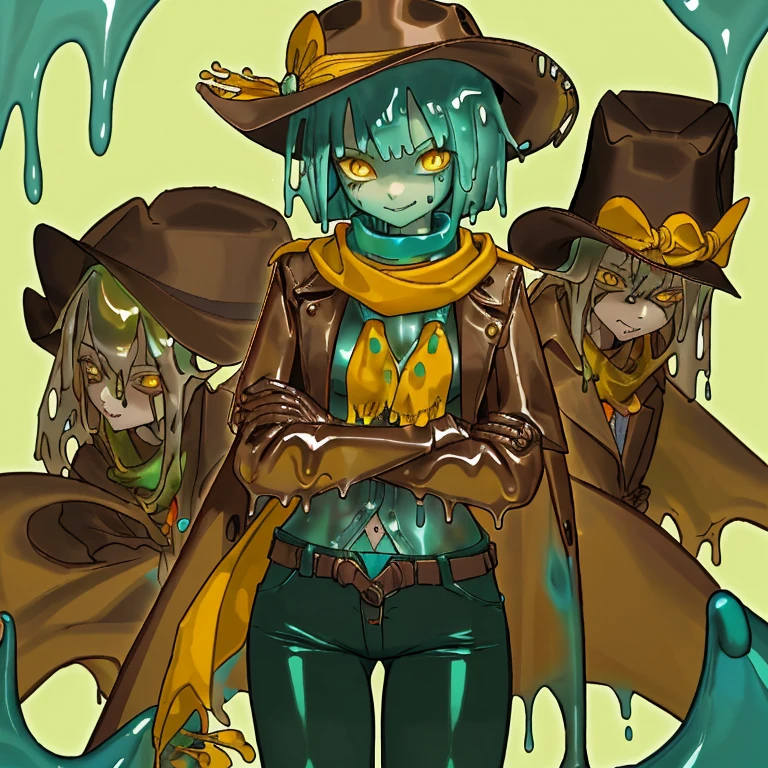 Cowgirl outfit, brown leather long coat, slime girl, teal slime, viscous slime skin, transparent body, teal slime body, yellow eyes, short hair, goopy, yellow bandana scarf, bandolier, gunslinger, cowboy hat, smirk, button up shirt, leather pants, buttons, yellow bandana, bandana scarf, crossing arms, tilted hat, 