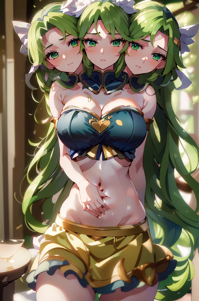 (masterpiece, best quality), best quality, best resolution, (ultra-detailed), (3heads:1.5), 1girl, (mima:1.3), masterpiece, top best quality, ultra quality, ultra resolution, ultra detail, white and blue top, crop top, ((stomach)), midriff, ((groin)), white and blue skirt, miniskirt, normal ears, shackles, green hair, very long hair, wavy hair, sidelocks, green eyes, parted lips, sweat, cute, toned belly, hand on own chest, eyelashes, (26 year old woman:1.3), (masterpiece:1.5), (best quality:1.5), (beautiful detailed), extremely detailed CG, extremely delicate and beautiful, depth of field, (finely detailed face), (perfect details:1.2), ( female:1.3), wide pelvis, slender, large veiny breastresolution, highres, very high quality, very high definition, extremely detailed, masterpiece, green hair, long hair, alluring presence, twin braid, short skirt, close up, big , young, milf,