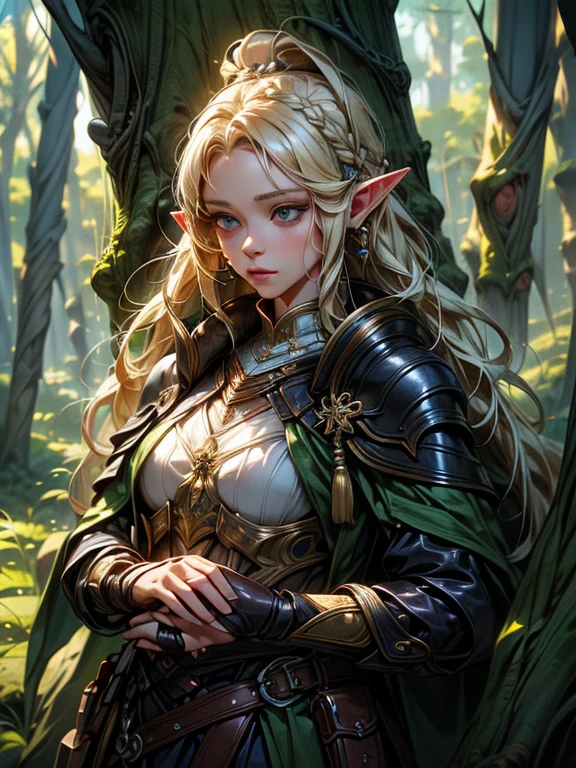 masterpiece, highest quality, Very detailed, 16k, Ultra-high resolution、1 14 year old elf girl, Detailed face、Perfect Fingers, Elf Ears, Small breasts, blue eyes, Blonde, Braid, Sleeveless, Tight Skirt, Light clothing, Carrying a bow on your back, in the forest, Sitting on the branch of a big tree